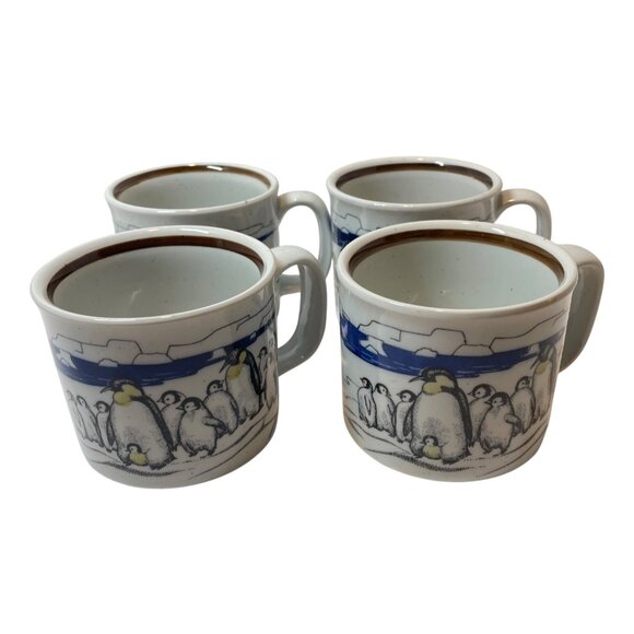 Set Of 4 Vintage Penguin Design Ceramic Coffee Mugs With Arctic Scene - 8 Oz Cap - Picture 1 of 9